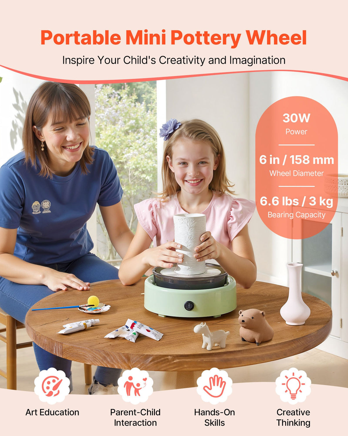 VEVOR Mini Pottery Wheel, 6 inch Turntable, Forward and Reverse Rotation, Adjustable Speed, Electric Clay Wheel for Kids and Beginners, with Shaping Tools, for Home DIY, Pottery Classes, Green - ETLPJYXLSWJBH5WNX001V1 - view 3