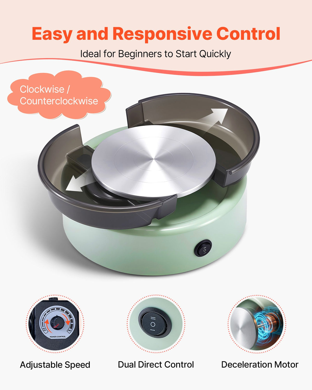 VEVOR Mini Pottery Wheel, 6 inch Turntable, Forward and Reverse Rotation, Adjustable Speed, Electric Clay Wheel for Kids and Beginners, with Shaping Tools, for Home DIY, Pottery Classes, Green - ETLPJYXLSWJBH5WNX001V1 - view 4