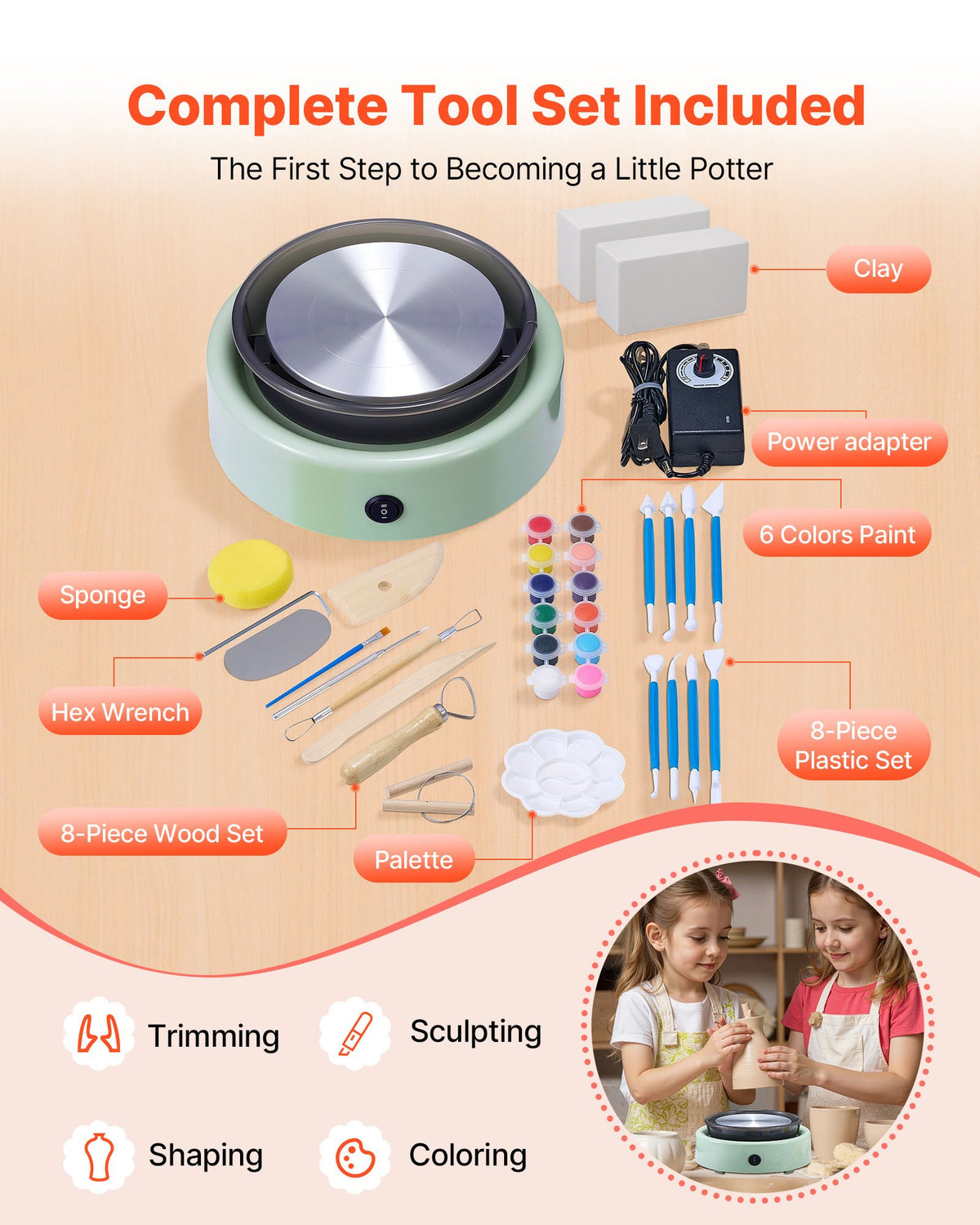 VEVOR Mini Pottery Wheel, 6 inch Turntable, Forward and Reverse Rotation, Adjustable Speed, Electric Clay Wheel for Kids and Beginners, with Shaping Tools, for Home DIY, Pottery Classes, Green - ETLPJYXLSWJBH5WNX001V1 - view 5
