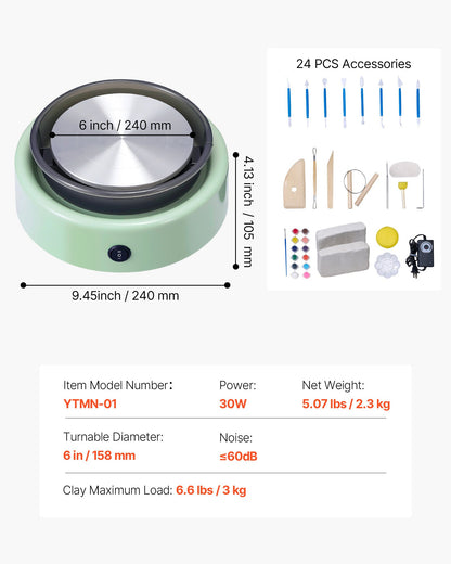 VEVOR Mini Pottery Wheel, 6 inch Turntable, Forward and Reverse Rotation, Adjustable Speed, Electric Clay Wheel for Kids and Beginners, with Shaping Tools, for Home DIY, Pottery Classes, Green - ETLPJYXLSWJBH5WNX001V1 - view 8