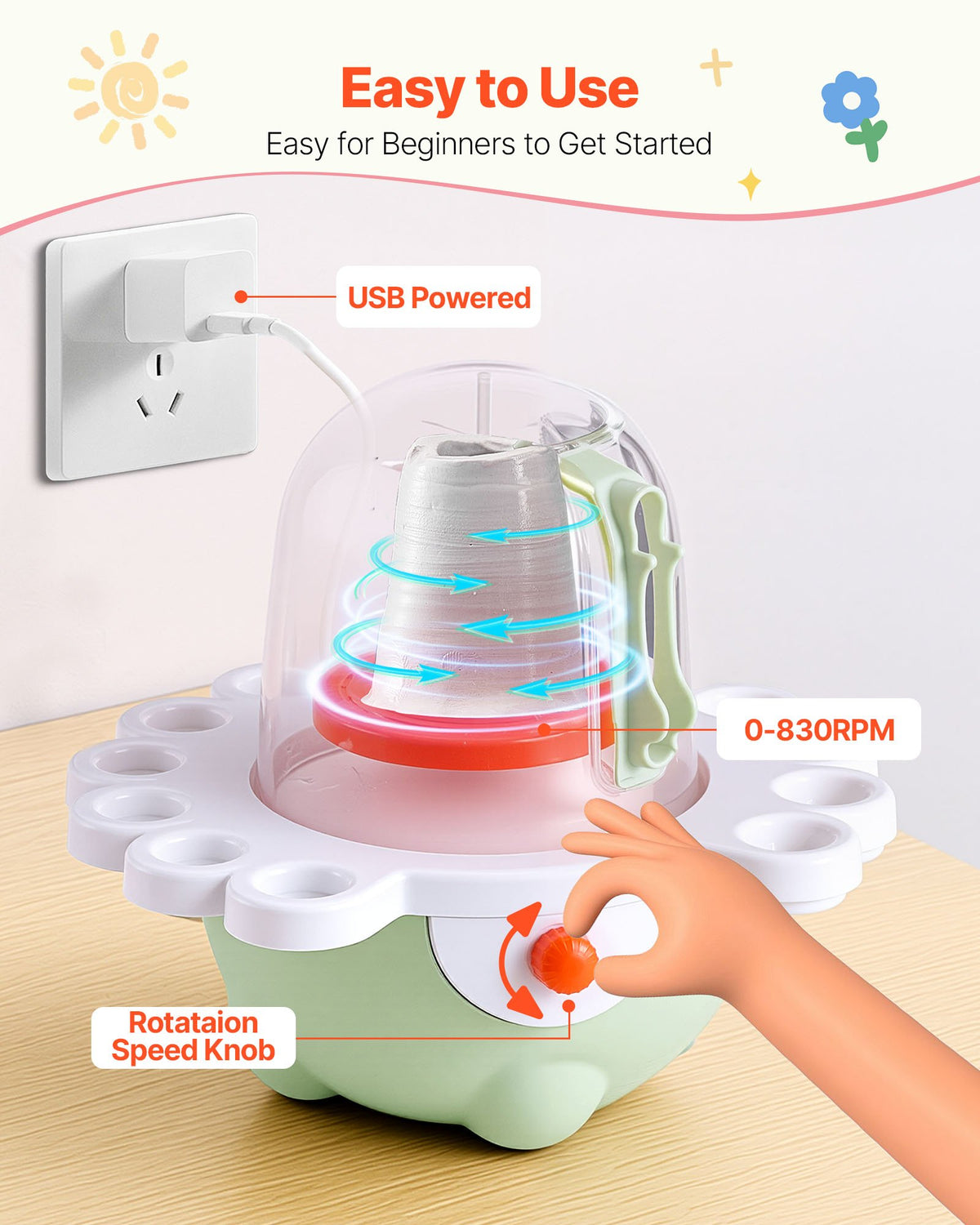 VEVOR Mini Pottery Wheel, 2 in and 3 in Turntables, Adjustable Speed, Electric Clay Wheel for Kids and Beginners, Complete Pottery Set with Clay Sculpting Tools, Gift for Boys and Girls, Green - ETLPJZJXLSWJ6R7S6001V1 - view 5