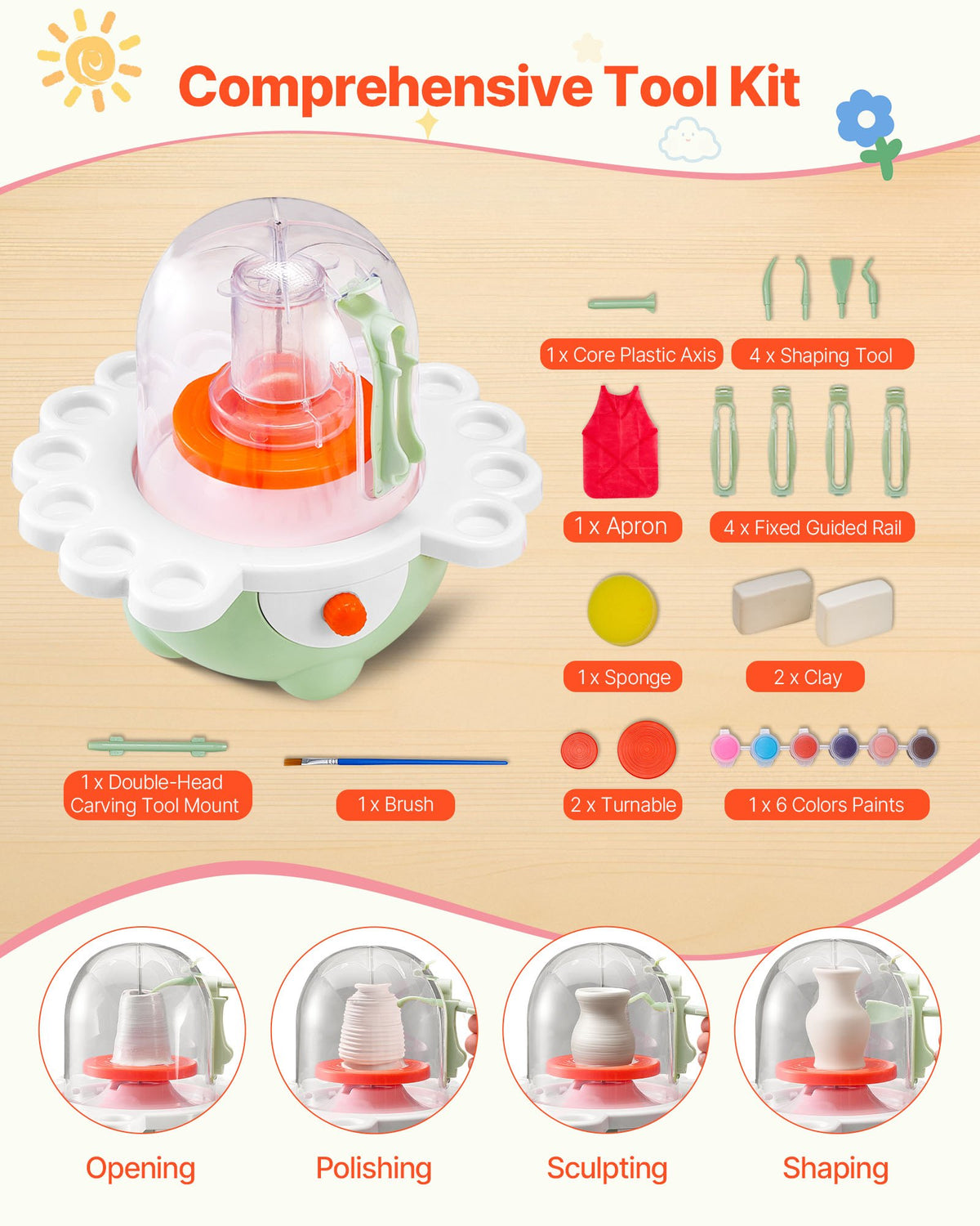 VEVOR Mini Pottery Wheel, 2 in and 3 in Turntables, Adjustable Speed, Electric Clay Wheel for Kids and Beginners, Complete Pottery Set with Clay Sculpting Tools, Gift for Boys and Girls, Green - ETLPJZJXLSWJ6R7S6001V1 - view 7