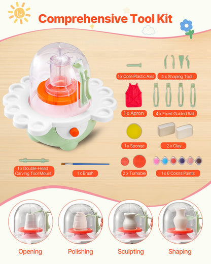 VEVOR Mini Pottery Wheel, 2 in and 3 in Turntables, Adjustable Speed, Electric Clay Wheel for Kids and Beginners, Complete Pottery Set with Clay Sculpting Tools, Gift for Boys and Girls, Green - ETLPJZJXLSWJ6R7S6001V1 - view 7