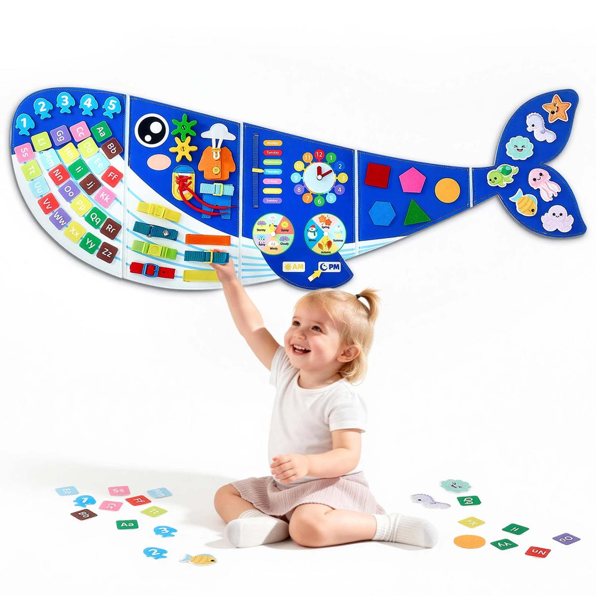 VEVOR Felt Wall Busy Board 12-in-1 Whale Foldable Montessori Activity Toys, Travel Daycare, Classroom, Playroom, Home, Educational Sensory Panel, with Numbers Letters Animals Shapes Learning Pieces - ETMLGBBKZHS5RH5RA001V0 - view 1