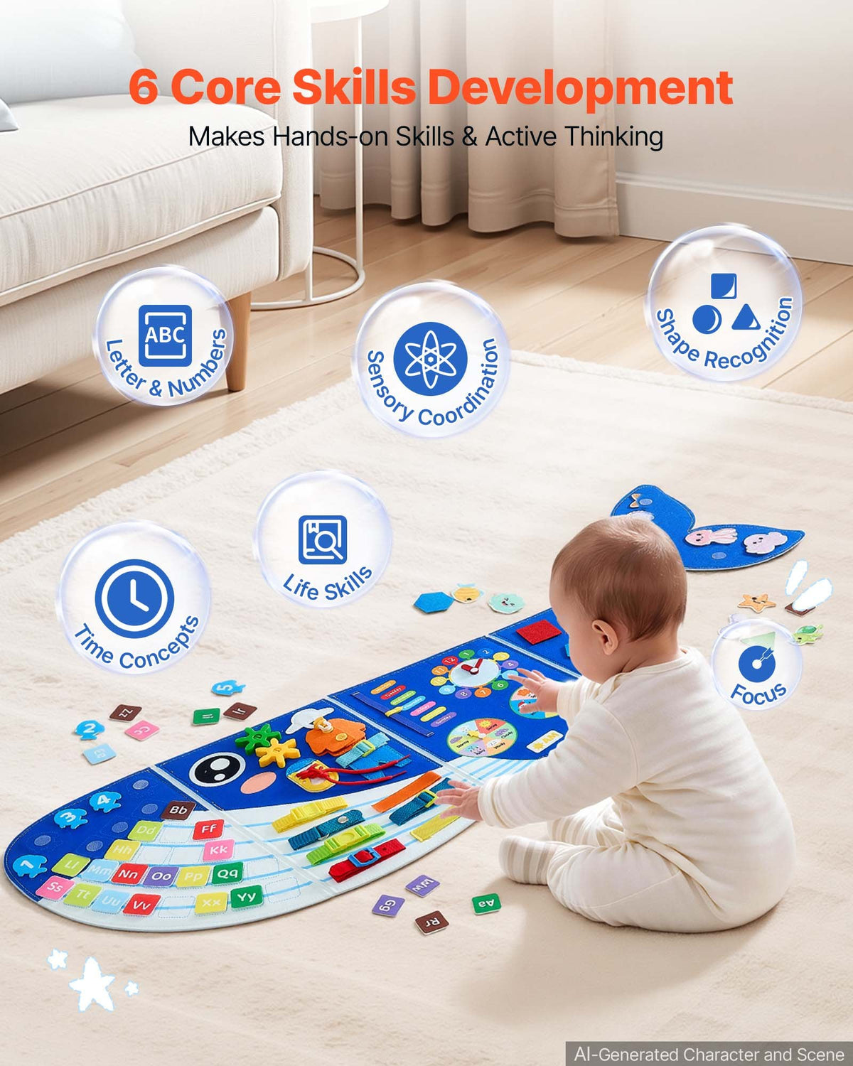 VEVOR Felt Wall Busy Board 12-in-1 Whale Foldable Montessori Activity Toys, Travel Daycare, Classroom, Playroom, Home, Educational Sensory Panel, with Numbers Letters Animals Shapes Learning Pieces - ETMLGBBKZHS5RH5RA001V0 - view 4