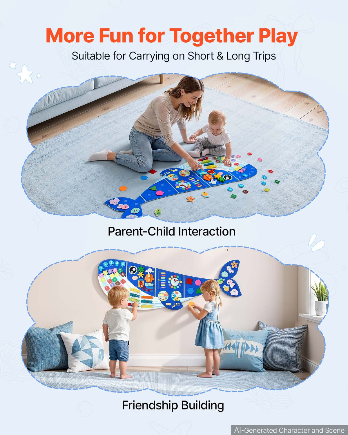 VEVOR Felt Wall Busy Board 12-in-1 Whale Foldable Montessori Activity Toys, Travel Daycare, Classroom, Playroom, Home, Educational Sensory Panel, with Numbers Letters Animals Shapes Learning Pieces - ETMLGBBKZHS5RH5RA001V0 - view 7