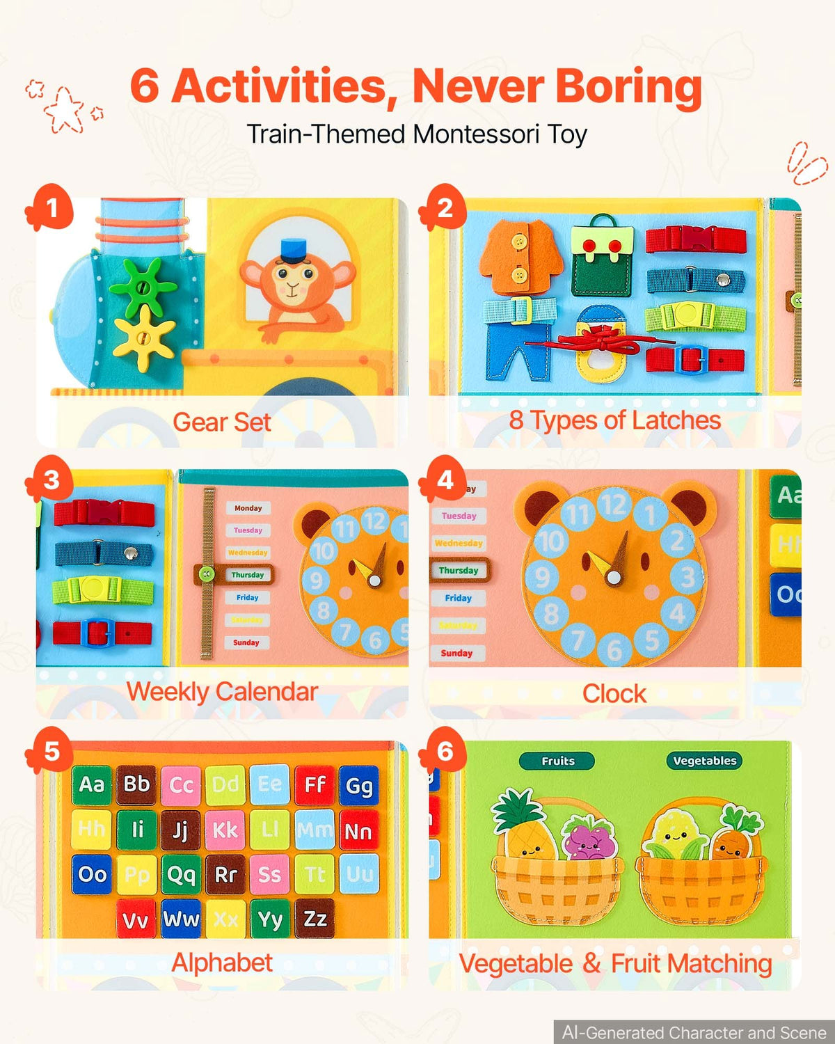 VEVOR Felt Wall Busy Board, 14-in-1 Train Foldable Montessori Activity Toys, Travel Daycare, Classroom, Playroom, Home, Educational Sensory Panel, with Letters Fruits Vegetables Clock Learning Pieces - ETMLGBBKZHS5RIL7P001V0 - view 5
