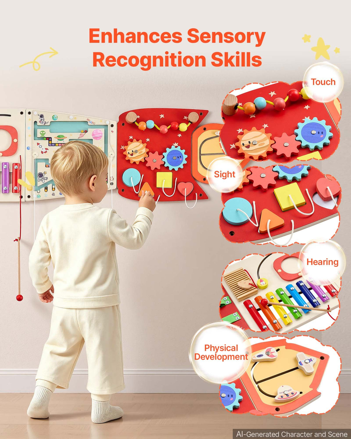 VEVOR Wall Busy Board, 13-in-1 Rocket Montessori Sensory Activity Panels, Learning Activity Center for Daycare, Classroom, Playroom, and Home, Sturdy Wooden Educational Toys, with Mounting Hardware - ETMLGBMZKZHS37PLE001V0 - view 4