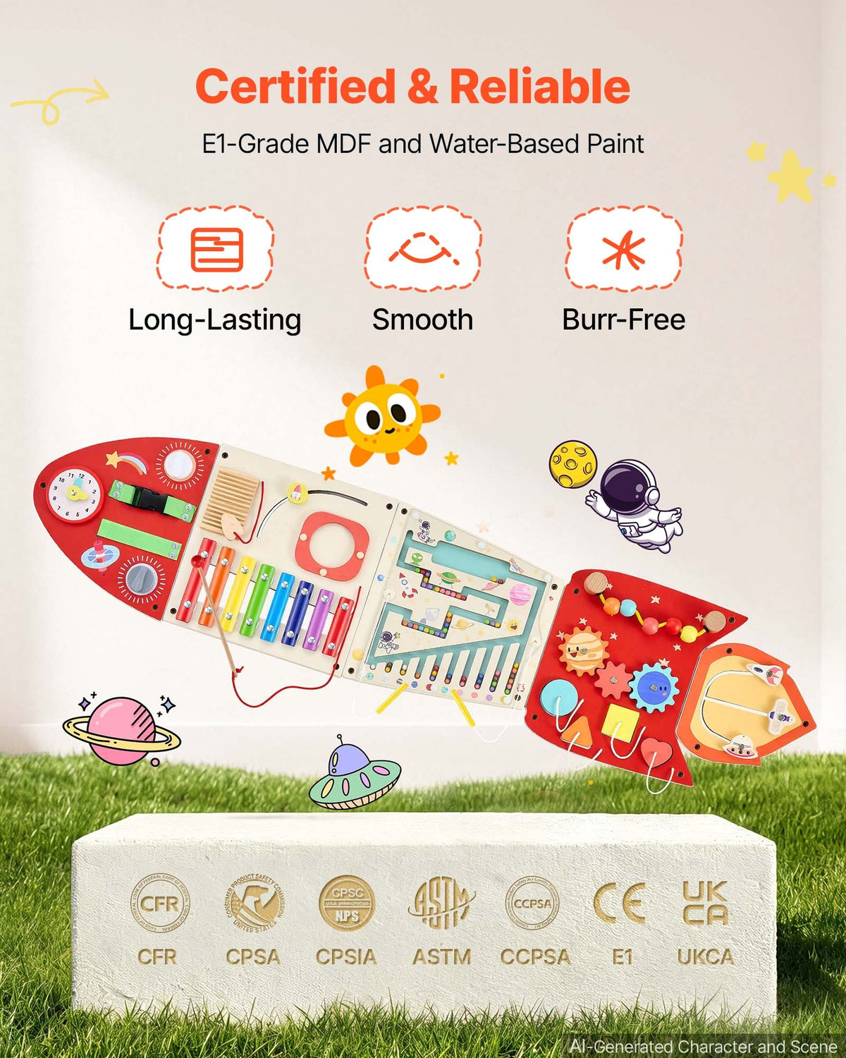 VEVOR Wall Busy Board, 13-in-1 Rocket Montessori Sensory Activity Panels, Learning Activity Center for Daycare, Classroom, Playroom, and Home, Sturdy Wooden Educational Toys, with Mounting Hardware - ETMLGBMZKZHS37PLE001V0 - view 7