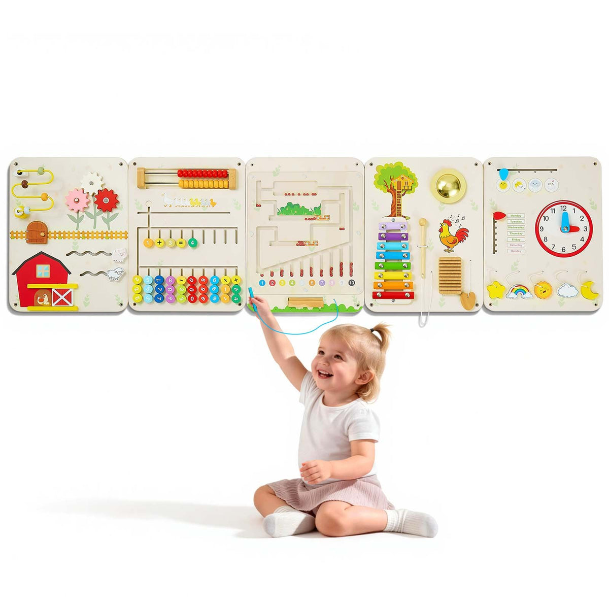 VEVOR Wall Busy Board, 16-in-1 5 Panels Montessori Sensory Activity Panels, Learning Activity Center for Daycare, Classroom, Playroom, and Home, Sturdy Wooden Educational Toys, with Mounting Hardware - ETMLGBMZKZHSIPVEV001V0 - view 1