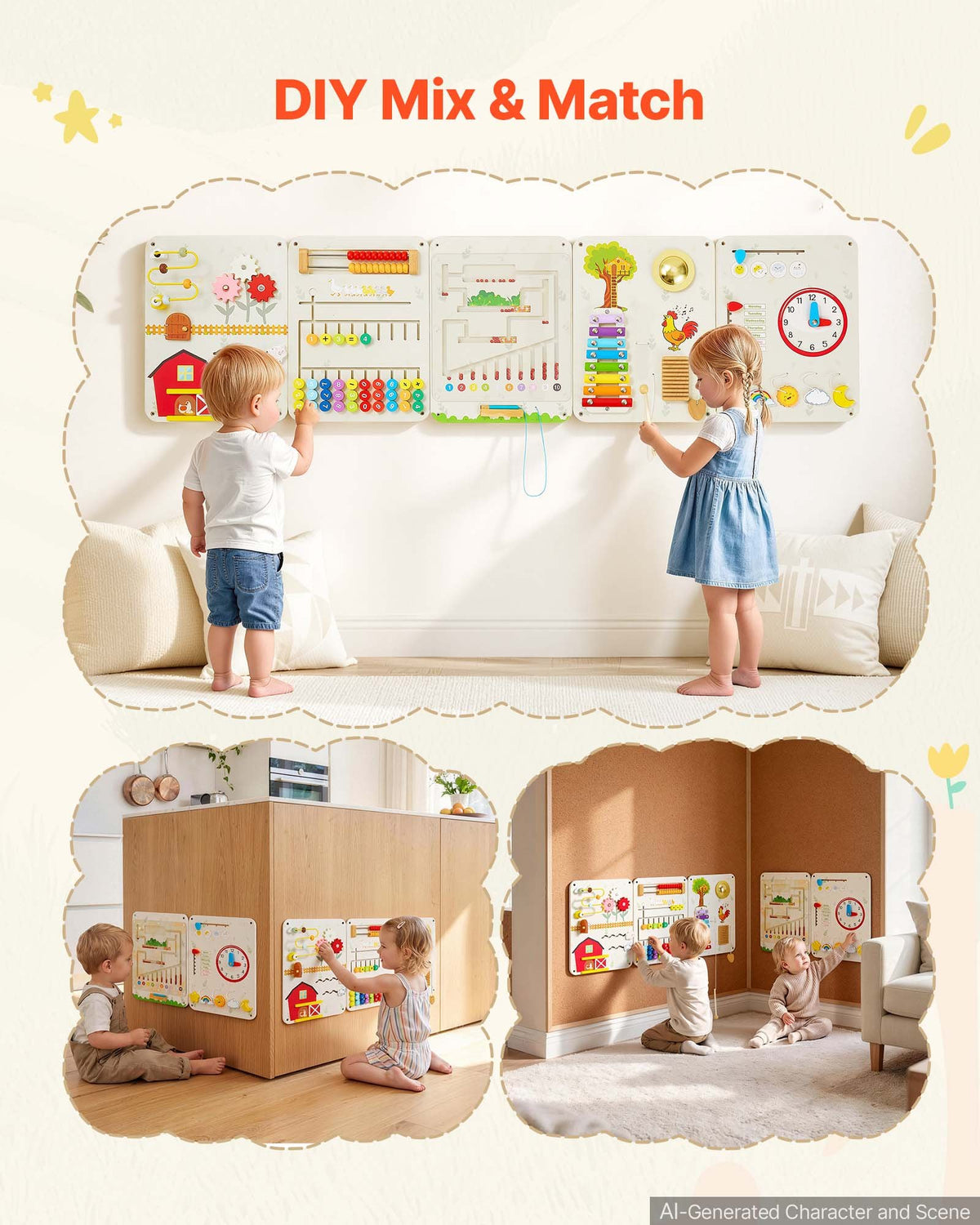 VEVOR Wall Busy Board, 16-in-1 5 Panels Montessori Sensory Activity Panels, Learning Activity Center for Daycare, Classroom, Playroom, and Home, Sturdy Wooden Educational Toys, with Mounting Hardware - ETMLGBMZKZHSIPVEV001V0 - view 6
