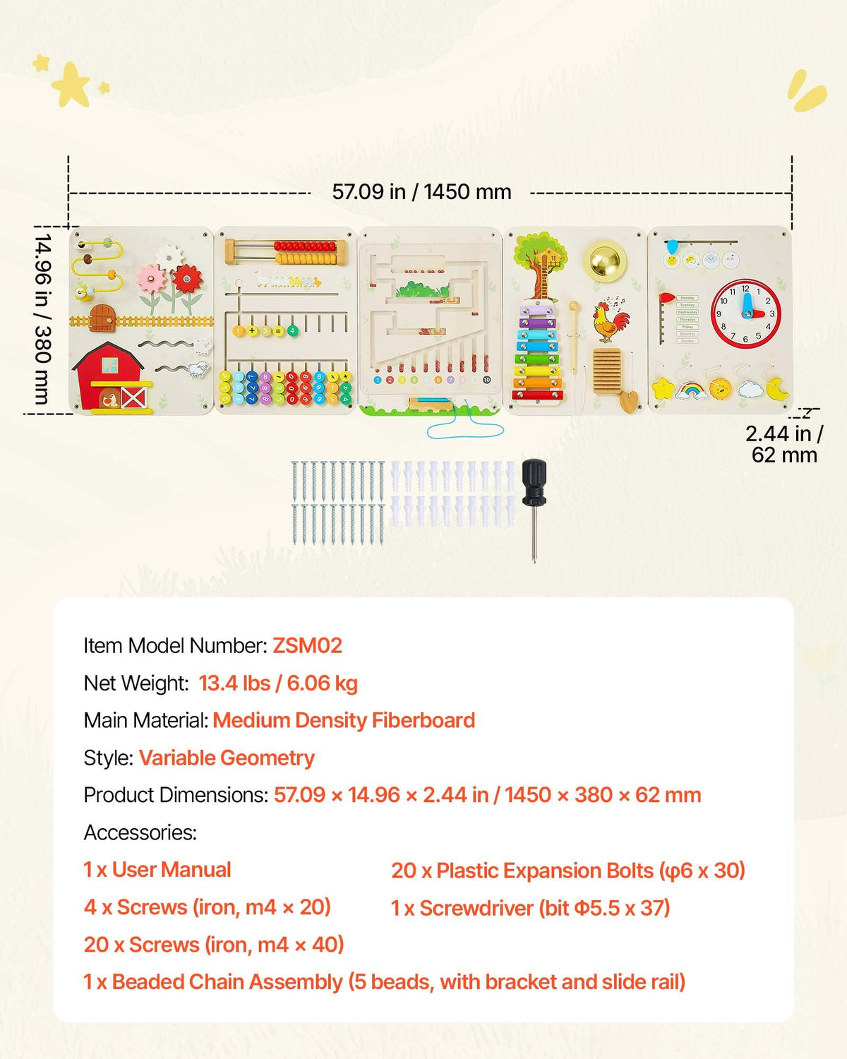 VEVOR Wall Busy Board, 16-in-1 5 Panels Montessori Sensory Activity Panels, Learning Activity Center for Daycare, Classroom, Playroom, and Home, Sturdy Wooden Educational Toys, with Mounting Hardware - ETMLGBMZKZHSIPVEV001V0 - view 8