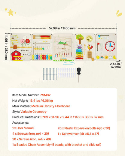 VEVOR Wall Busy Board, 16-in-1 5 Panels Montessori Sensory Activity Panels, Learning Activity Center for Daycare, Classroom, Playroom, and Home, Sturdy Wooden Educational Toys, with Mounting Hardware - ETMLGBMZKZHSIPVEV001V0 - view 8