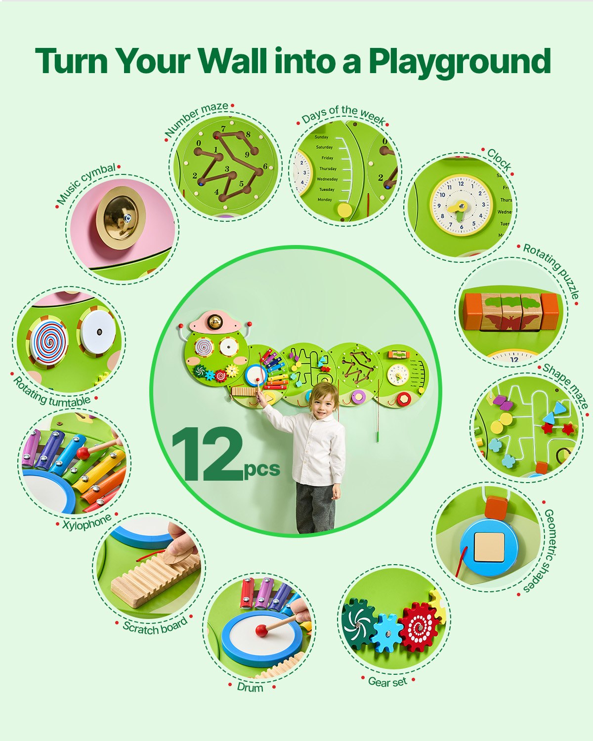 VEVOR Activity Wall Busy Board Panels, 12 Activities, Montessori Sensory Wall Panels Toy for Kids Ages 3-12, Interactive Learning Activity Center, Great for Toddler, Playroom, Nursery, Classroom - ETMLGBMZKZHSJX9H1001V0 - view 3