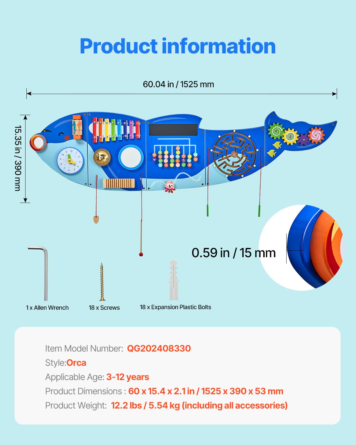 VEVOR Orca Activity Wall Busy Board Panels, 12 Activities, Montessori Sensory Wall Toy for Kids 3-12 Years, Montessori Learning Activity Center, Ideal for Toddler Playroom Nursery Classroom - ETMLGBMZKZHSMT5E4V0 - view 8