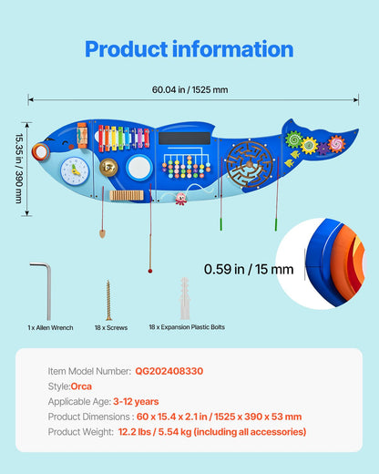 VEVOR Orca Activity Wall Busy Board Panels, 12 Activities, Montessori Sensory Wall Toy for Kids 3-12 Years, Montessori Learning Activity Center, Ideal for Toddler Playroom Nursery Classroom - ETMLGBMZKZHSMT5E4V0 - view 8