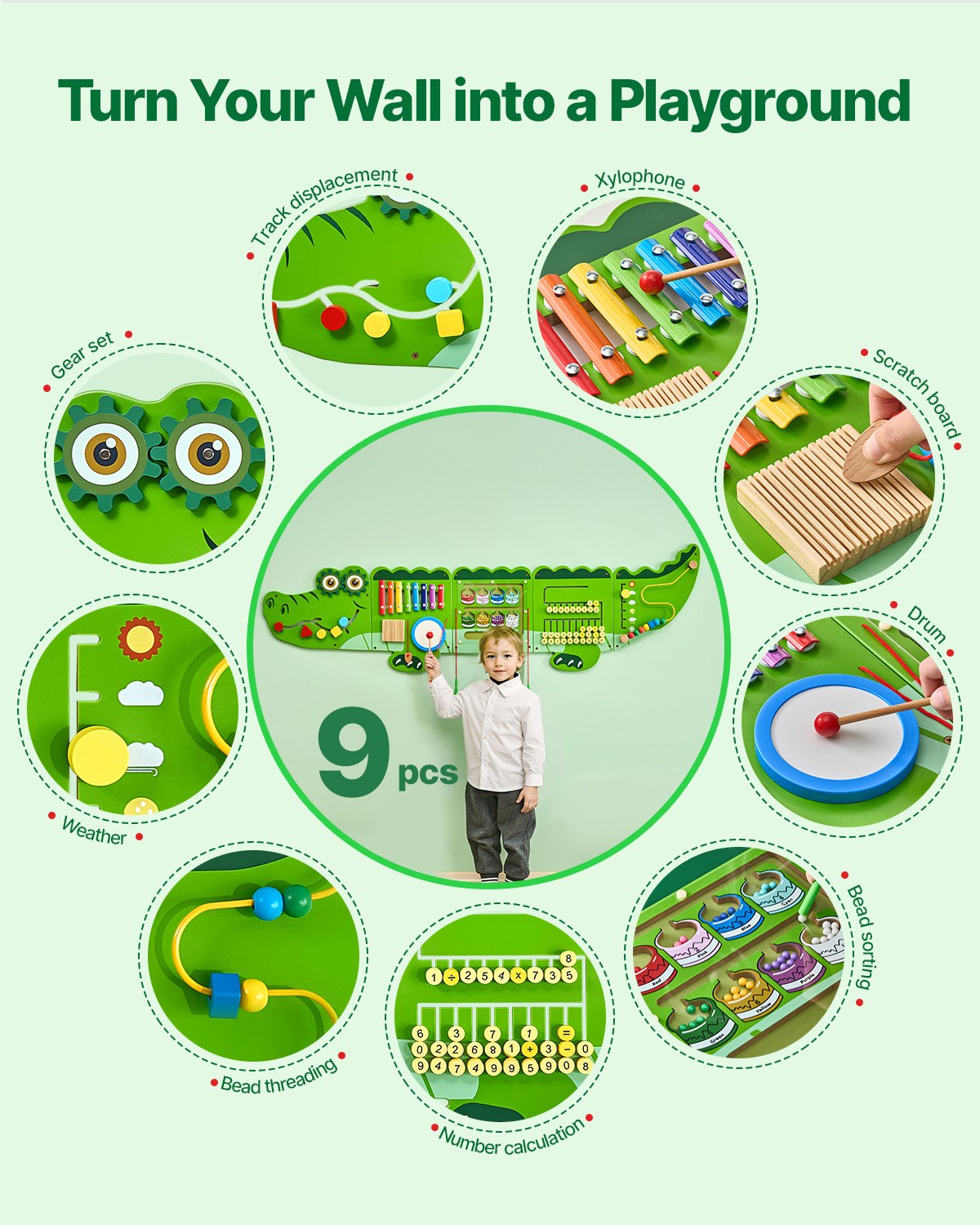 VEVOR Crocodile Activity Wall Busy Board Panels, 9 Activities, Montessori Sensory Wall Toy for Kids 3-12 Years, Montessori Learning Activity Center, Ideal for Toddler Playroom Nursery Classroom - ETMLGBMZKZHSMZSR0V0 - view 3