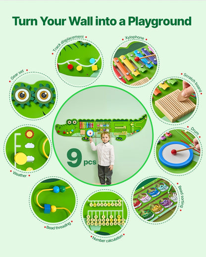 VEVOR Crocodile Activity Wall Busy Board Panels, 9 Activities, Montessori Sensory Wall Toy for Kids 3-12 Years, Montessori Learning Activity Center, Ideal for Toddler Playroom Nursery Classroom - ETMLGBMZKZHSMZSR0V0 - view 3