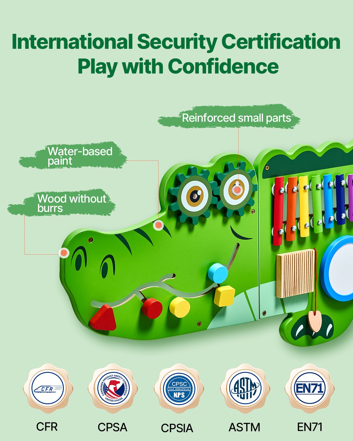 VEVOR Crocodile Activity Wall Busy Board Panels, 9 Activities, Montessori Sensory Wall Toy for Kids 3-12 Years, Montessori Learning Activity Center, Ideal for Toddler Playroom Nursery Classroom - ETMLGBMZKZHSMZSR0V0 - view 4