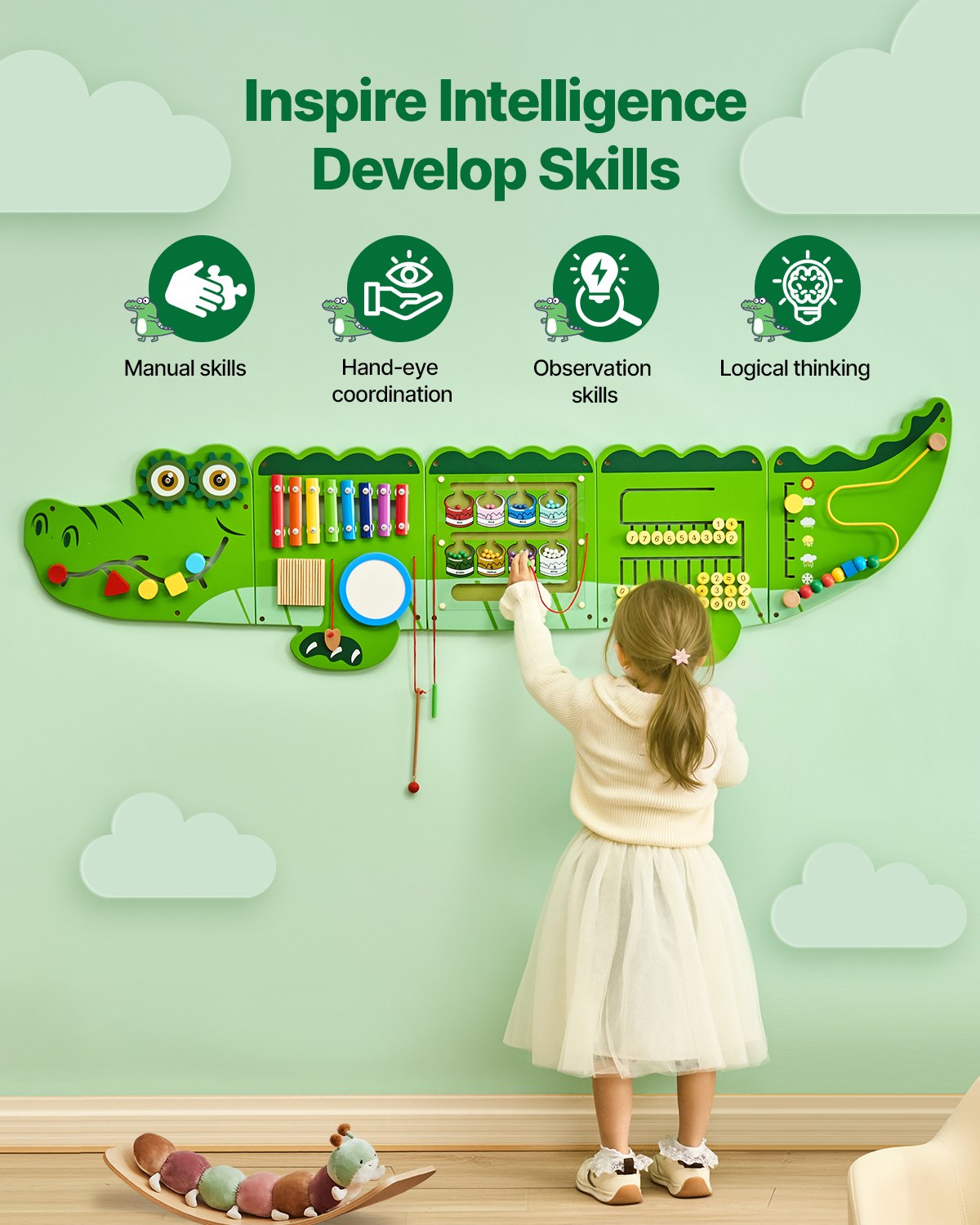 VEVOR Crocodile Activity Wall Busy Board Panels, 9 Activities, Montessori Sensory Wall Toy for Kids 3-12 Years, Montessori Learning Activity Center, Ideal for Toddler Playroom Nursery Classroom - ETMLGBMZKZHSMZSR0V0 - view 5