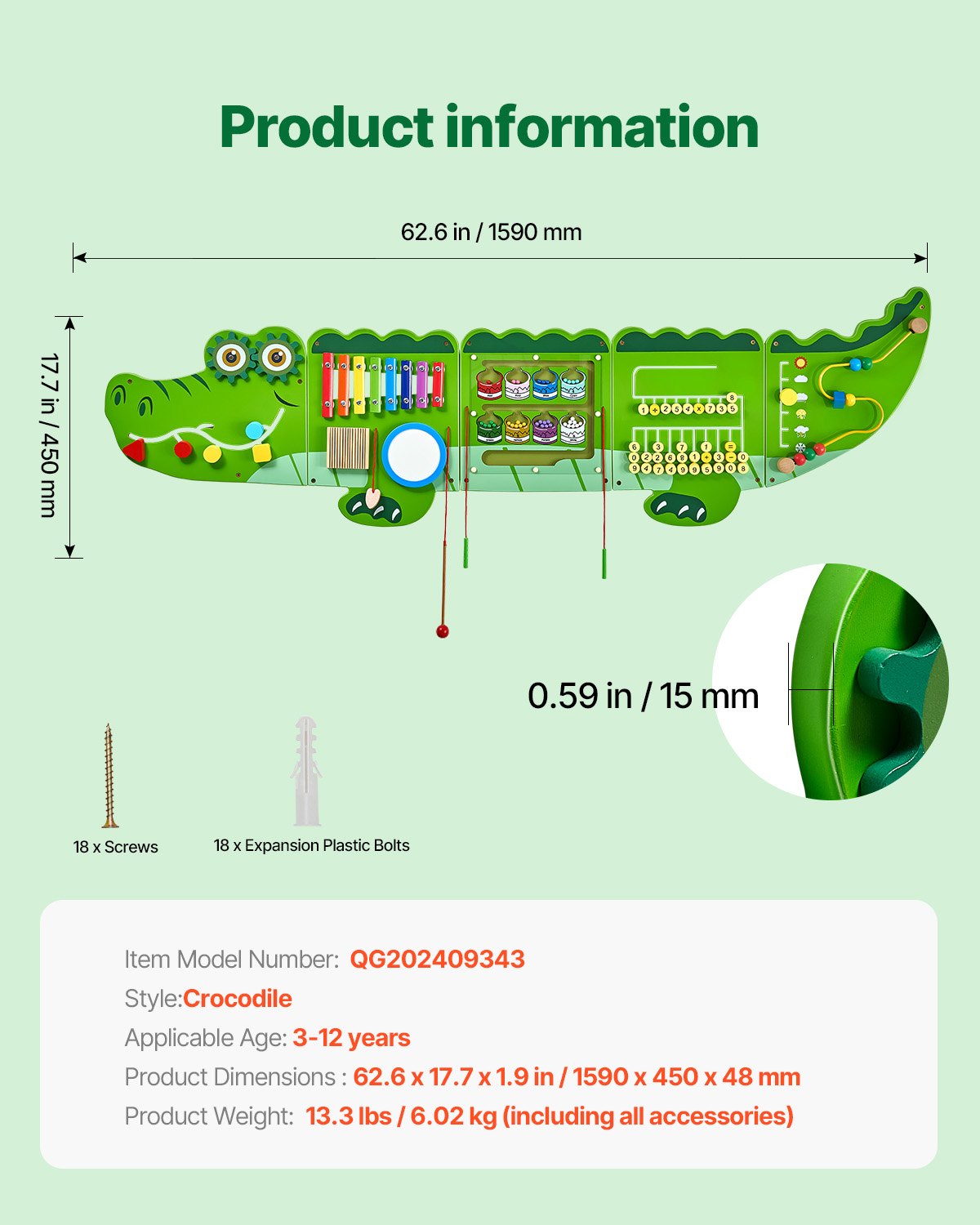 VEVOR Crocodile Activity Wall Busy Board Panels, 9 Activities, Montessori Sensory Wall Toy for Kids 3-12 Years, Montessori Learning Activity Center, Ideal for Toddler Playroom Nursery Classroom - ETMLGBMZKZHSMZSR0V0 - view 8
