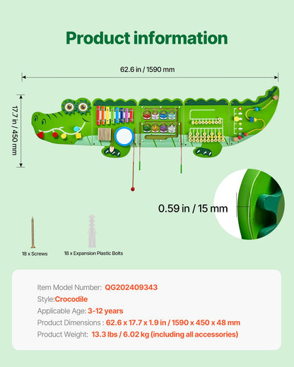 VEVOR Crocodile Activity Wall Busy Board Panels, 9 Activities, Montessori Sensory Wall Toy for Kids 3-12 Years, Montessori Learning Activity Center, Ideal for Toddler Playroom Nursery Classroom - ETMLGBMZKZHSMZSR0V0 - view 8