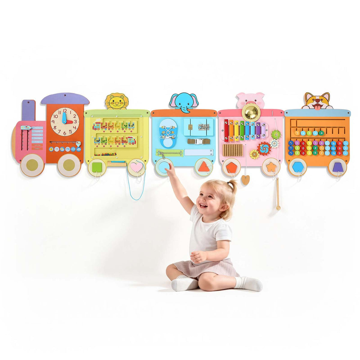 VEVOR Wall Busy Board, 18-in-1 Train Montessori Sensory Activity Panels, Learning Activity Center for Daycare, Classroom, Playroom, and Home