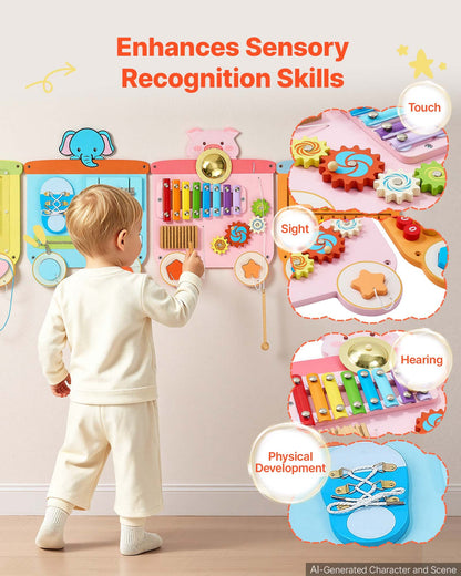 VEVOR Wall Busy Board, 18-in-1 Train Montessori Sensory Activity Panels, Learning Activity Center for Daycare, Classroom, Playroom, and Home