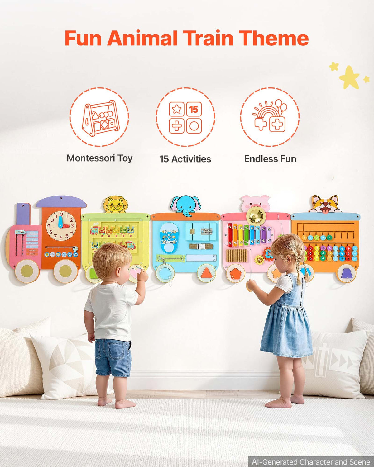 VEVOR Wall Busy Board, 18-in-1 Train Montessori Sensory Activity Panels, Learning Activity Center for Daycare, Classroom, Playroom, and Home