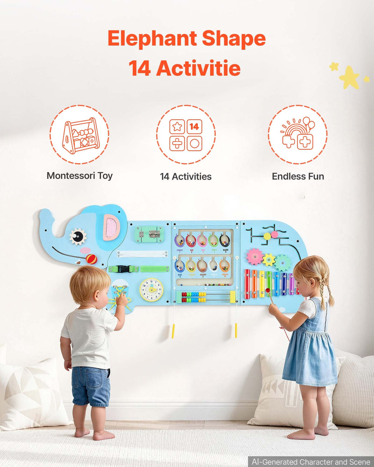 VEVOR Wall Busy Board, 14-in-1 Elephant Montessori Sensory Activity Panels, Learning Activity Center for Daycare, Classroom, Playroom, and Home, Sturdy Wooden Educational Toys, with Mounting Hardware - ETMLGBMZKZHSZ9FIF001V0 - view 6