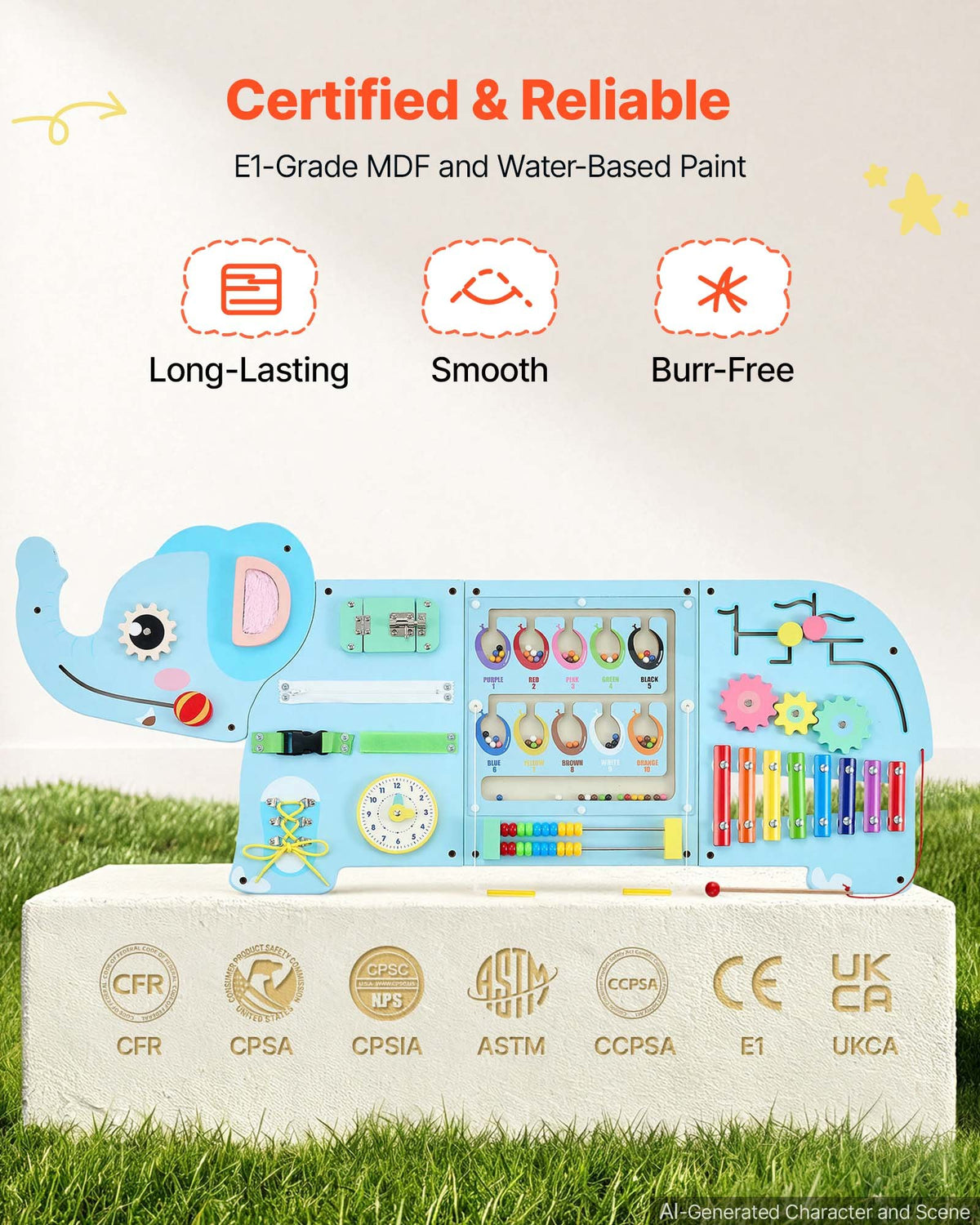 VEVOR Wall Busy Board, 14-in-1 Elephant Montessori Sensory Activity Panels, Learning Activity Center for Daycare, Classroom, Playroom, and Home, Sturdy Wooden Educational Toys, with Mounting Hardware - ETMLGBMZKZHSZ9FIF001V0 - view 7