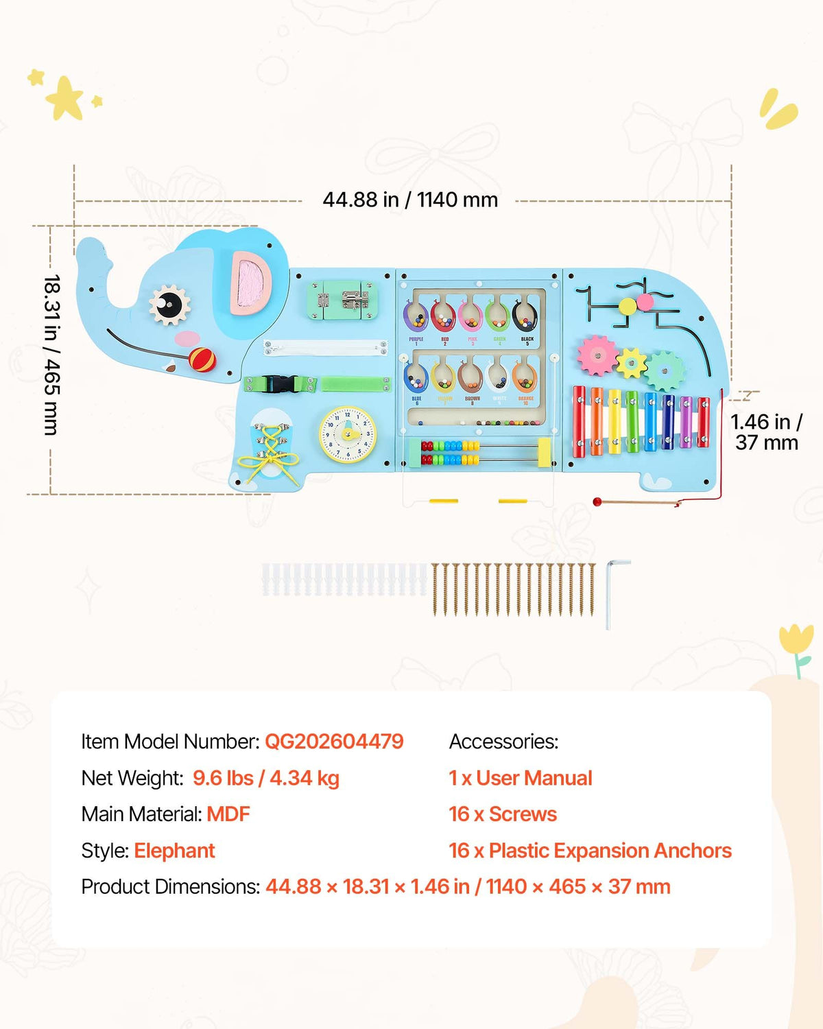 VEVOR Wall Busy Board, 14-in-1 Elephant Montessori Sensory Activity Panels, Learning Activity Center for Daycare, Classroom, Playroom, and Home, Sturdy Wooden Educational Toys, with Mounting Hardware - ETMLGBMZKZHSZ9FIF001V0 - view 8