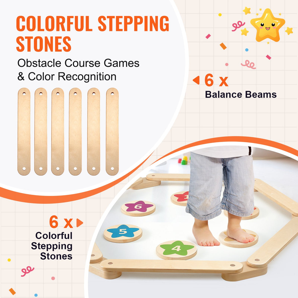 VEVOR Balance Beam Stepping Stones, 6 PCS Wooden Toddler Balance Boards, Montessori Toy for Kids 2-6, Build Coordination and Gross Motor Skills, Gymnastics Course Indoor & Outdoor for Girls Boys Gift - ETPHMMZGM6B6L7L2DV0 - view 4