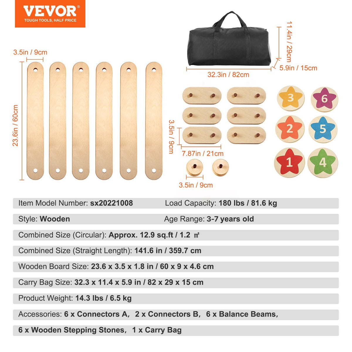 VEVOR Balance Beam Stepping Stones, 6 PCS Wooden Toddler Balance Boards, Montessori Toy for Kids 2-6, Build Coordination and Gross Motor Skills, Gymnastics Course Indoor & Outdoor for Girls Boys Gift - ETPHMMZGM6B6L7L2DV0 - view 8