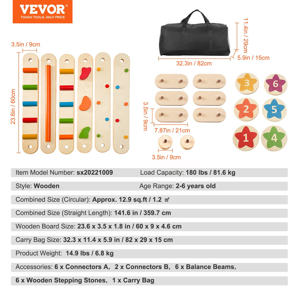 VEVOR Balance Beam Stepping Stones, 6 PCS Wooden Toddler Balance Boards, Montessori Toy for Kids 2-6, Build Coordination and Gross Motor Skills Gymnastics Obstacle Course Indoor Outdoor for Girls Boys - ETPHMMZZAM6B5HOK7V0 - view 8