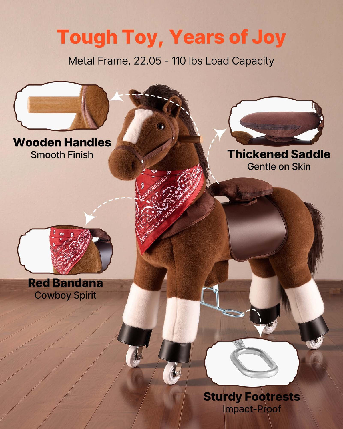 VEVOR Ride On Horse, Riding Pony Toys for Kids, No Battery Required, Smooth Wheels with Anti-Roll Stop Ring, Upgraded Raised Seat, Handles, Sturdy Pedals, 176 lbs Max Load Capacity for Ages 6+ - ETQCMGMKWTLBEPBV8001V9 - view 6