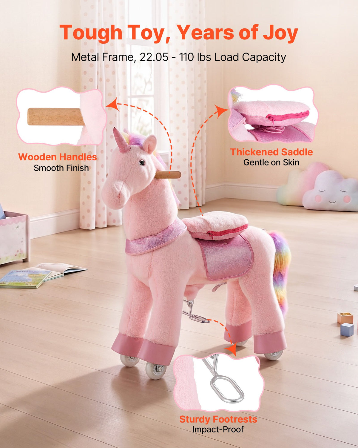 VEVOR Ride On Horse, Riding Pink Unicorn Toys for Kids, No Battery Required, Smooth Wheels with Anti-Roll Stop Ring, Upgraded Raised Seat, Handles, Pedals, 110 lbs Max Load Capacity for Ages 3-8 - ETQCMGMKWTLBG460Z001V9 - view 6