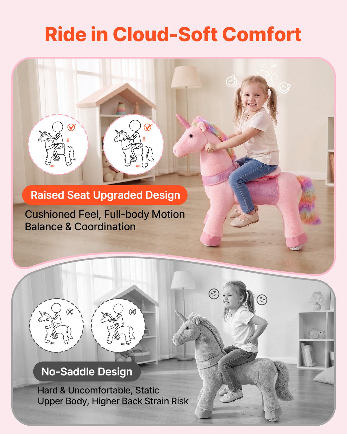 VEVOR Ride On Horse, Riding Pink Unicorn Toys for Kids, No Battery Required, Smooth Wheels with Anti-Roll Stop Ring, Upgraded Raised Seat, Handles, Pedals, 110 lbs Max Load Capacity for Ages 3-8 - ETQCMGMKWTLBG460Z001V9 - view 7