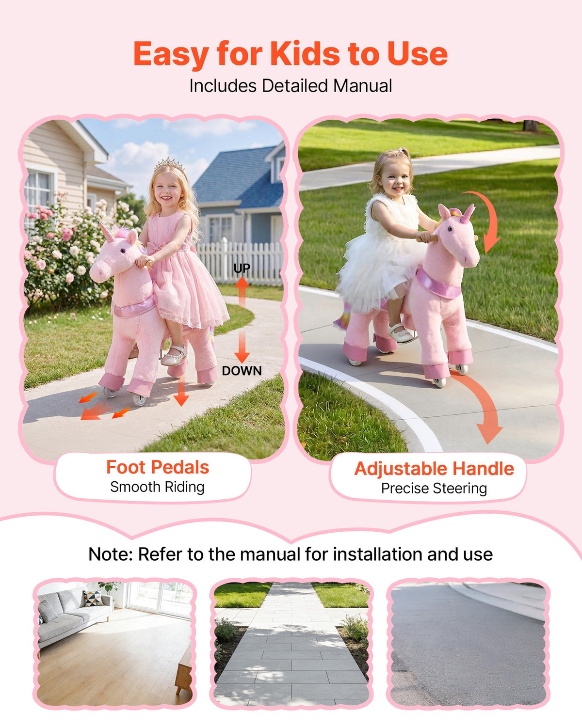 VEVOR Ride On Horse, Riding Pink Unicorn Toys for Kids, No Battery Required, Smooth Wheels with Anti-Roll Stop Ring, Upgraded Raised Seat, Handles, Pedals, 110 lbs Max Load Capacity for Ages 3-8 - ETQCMGMKWTLBG460Z001V9 - view 8