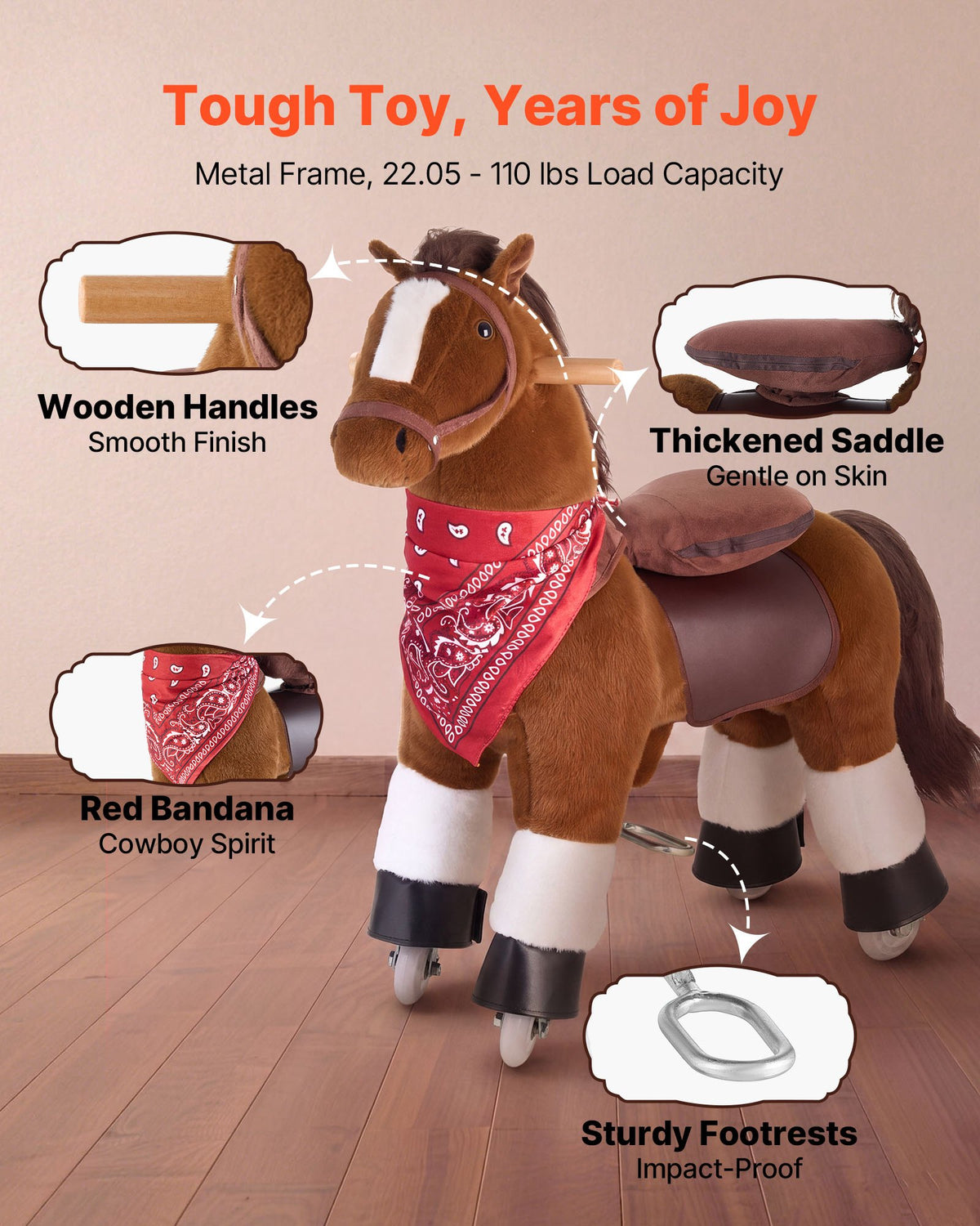 VEVOR Ride On Horse, Riding Pony Toys for Kids, No Battery Required, Smooth Wheels with Anti-Roll Stop Ring, Upgraded Raised Seat, Handles, Pedals, 110 lbs Max Load Capacity for Ages 3-8 - ETQCMGMKWTLBV35H0001V9 - view 6