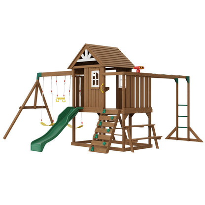 VEVOR Wooden Swing Set, 10 IN 1 Playground Sets for Backyards, 2 Swings, Trapeze Bar, 6FT Slide, Large Upper Fort with Kitchen Toys, Flat Step Ladder, Rock Wall, Picnic Table, Sandbox, Scaling Ladder - ETQQHTTZMC108YH7FV0 - view 1