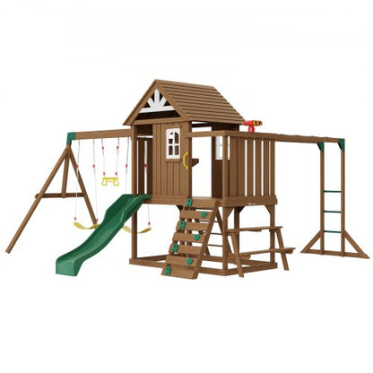 VEVOR Wooden Swing Set, 10 IN 1 Playground Sets for Backyards, 2 Swings, Trapeze Bar, 6FT Slide, Large Upper Fort with Kitchen Toys, Flat Step Ladder, Rock Wall, Picnic Table, Sandbox, Scaling Ladder - ETQQHTTZMC108YH7FV0 - view 2