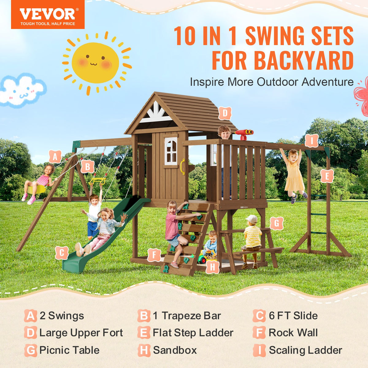 VEVOR Wooden Swing Set, 10 IN 1 Playground Sets for Backyards, 2 Swings, Trapeze Bar, 6FT Slide, Large Upper Fort with Kitchen Toys, Flat Step Ladder, Rock Wall, Picnic Table, Sandbox, Scaling Ladder - ETQQHTTZMC108YH7FV0 - view 3