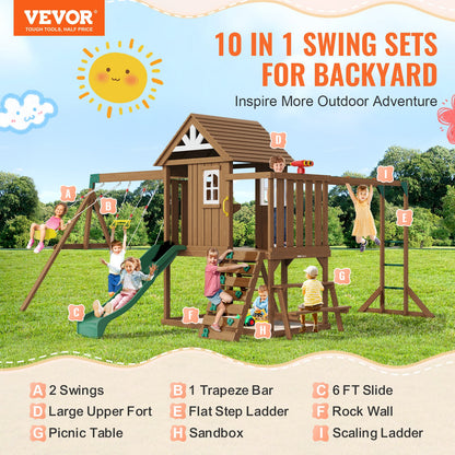 VEVOR Wooden Swing Set, 10 IN 1 Playground Sets for Backyards, 2 Swings, Trapeze Bar, 6FT Slide, Large Upper Fort with Kitchen Toys, Flat Step Ladder, Rock Wall, Picnic Table, Sandbox, Scaling Ladder - ETQQHTTZMC108YH7FV0 - view 3