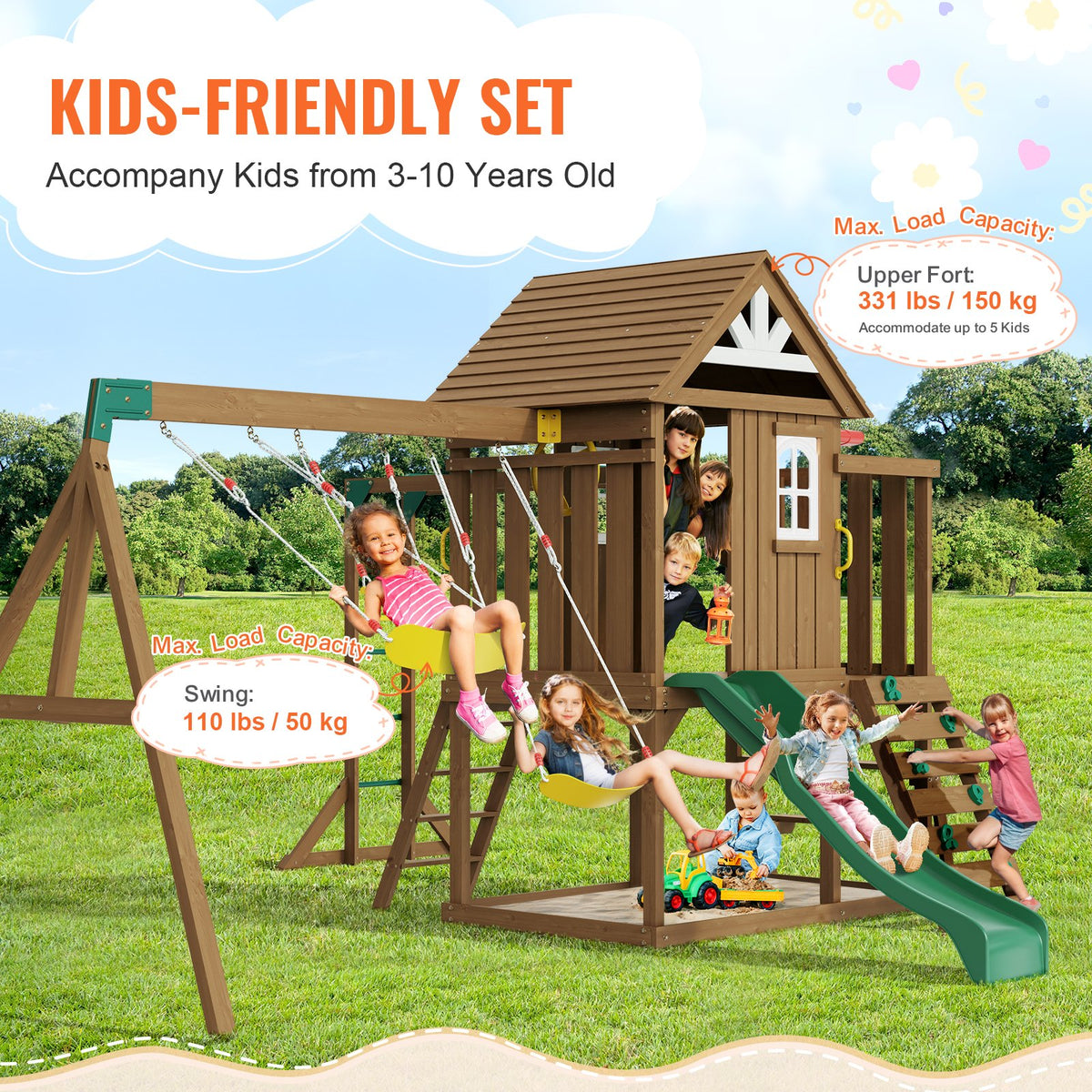 VEVOR Wooden Swing Set, 10 IN 1 Playground Sets for Backyards, 2 Swings, Trapeze Bar, 6FT Slide, Large Upper Fort with Kitchen Toys, Flat Step Ladder, Rock Wall, Picnic Table, Sandbox, Scaling Ladder - ETQQHTTZMC108YH7FV0 - view 4