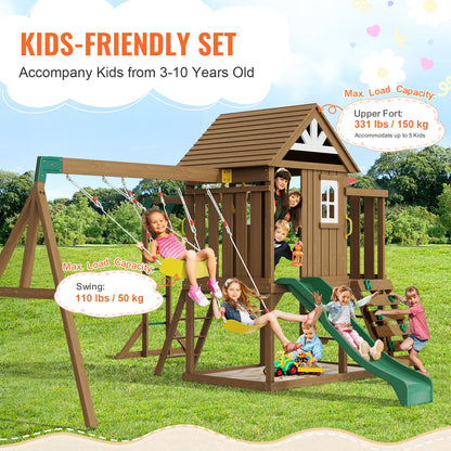 VEVOR Wooden Swing Set, 10 IN 1 Playground Sets for Backyards, 2 Swings, Trapeze Bar, 6FT Slide, Large Upper Fort with Kitchen Toys, Flat Step Ladder, Rock Wall, Picnic Table, Sandbox, Scaling Ladder - ETQQHTTZMC108YH7FV0 - view 4