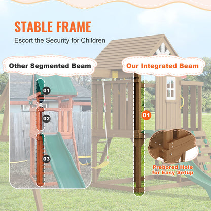VEVOR Wooden Swing Set, 10 IN 1 Playground Sets for Backyards, 2 Swings, Trapeze Bar, 6FT Slide, Large Upper Fort with Kitchen Toys, Flat Step Ladder, Rock Wall, Picnic Table, Sandbox, Scaling Ladder - ETQQHTTZMC108YH7FV0 - view 5
