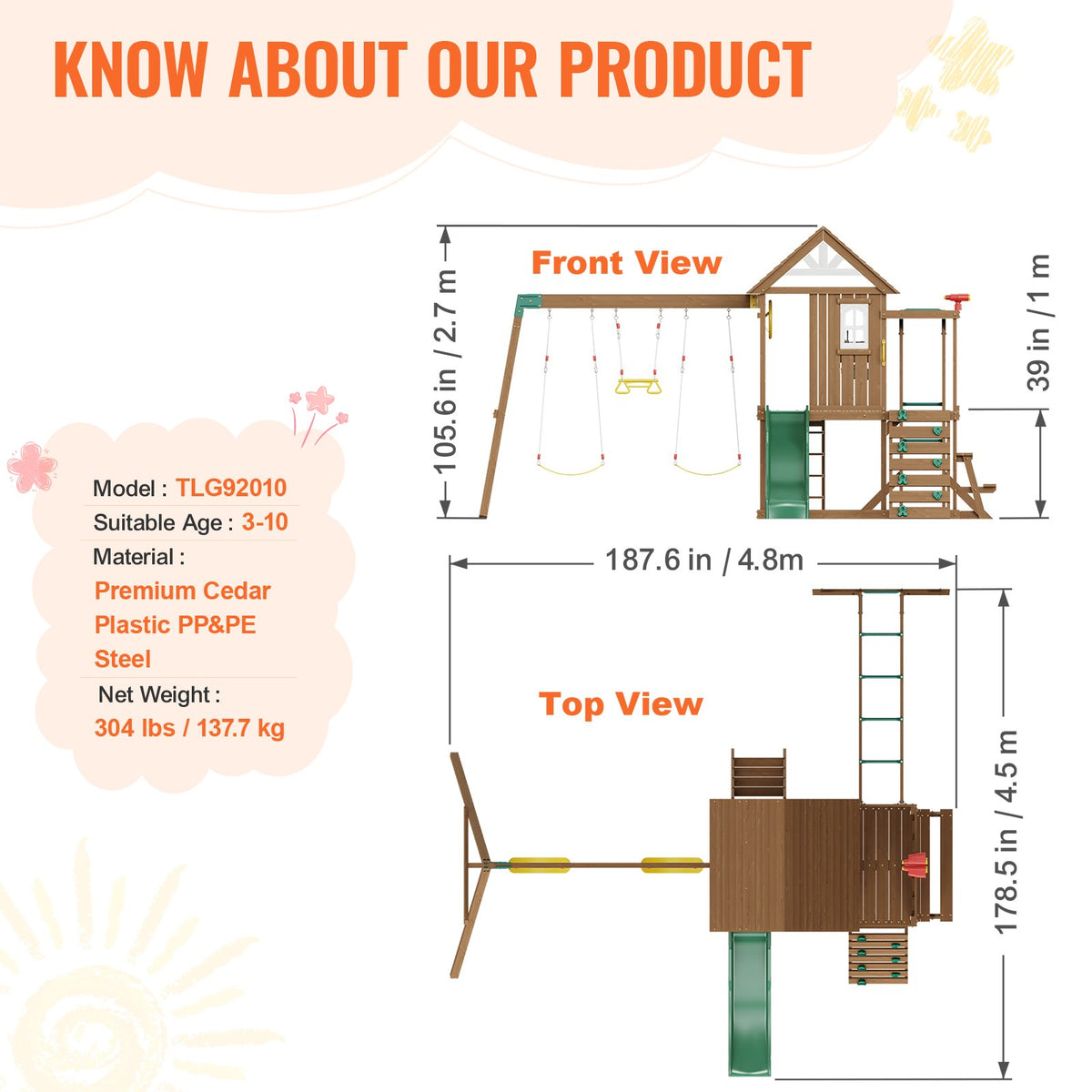 VEVOR Wooden Swing Set, 10 IN 1 Playground Sets for Backyards, 2 Swings, Trapeze Bar, 6FT Slide, Large Upper Fort with Kitchen Toys, Flat Step Ladder, Rock Wall, Picnic Table, Sandbox, Scaling Ladder - ETQQHTTZMC108YH7FV0 - view 7