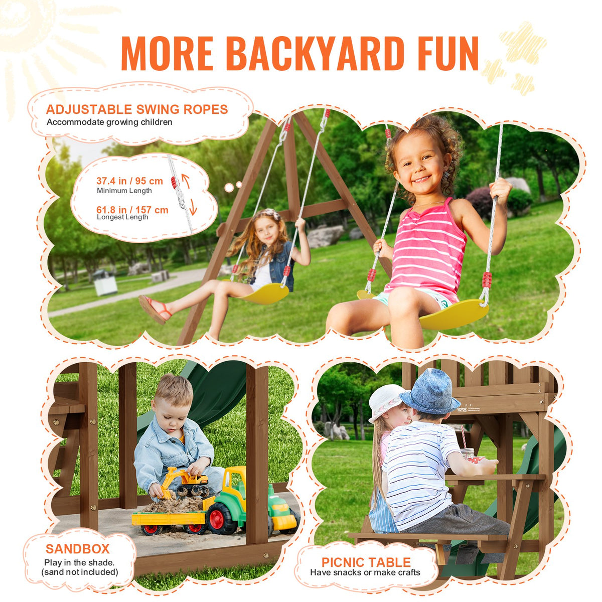 VEVOR Wooden Swing Set, 10 IN 1 Playground Sets for Backyards, 2 Swings, Trapeze Bar, 6FT Slide, Large Upper Fort with Kitchen Toys, Flat Step Ladder, Rock Wall, Picnic Table, Sandbox, Scaling Ladder - ETQQHTTZMC108YH7FV0 - view 8
