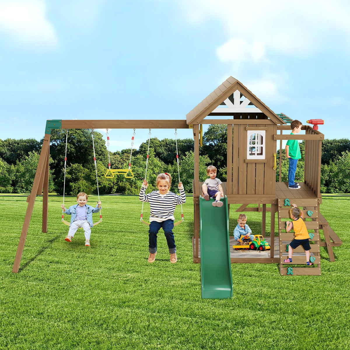 VEVOR Wooden Swing Set, 10 IN 1 Playground Sets for Backyards, 2 Swings, Trapeze Bar, 6FT Slide, Large Upper Fort with Kitchen Toys, Flat Step Ladder, Rock Wall, Picnic Table, Sandbox, Scaling Ladder - ETQQHTTZMC108YH7FV0 - view 9